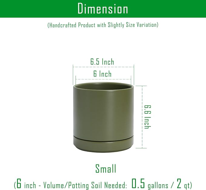 D'vine Dev 6.5 Inch Ceramic Planter Pot, Olive, 94-O-C-J | Modern Cylinder Design, Drainage Hole & Saucer Included, Stable Structure, Elegant Home Accent