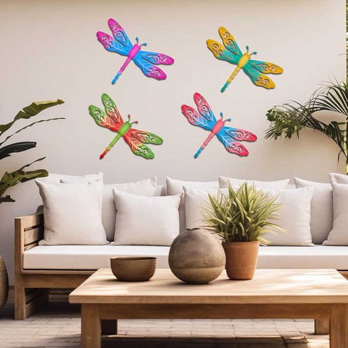 Outdoor Metal Dragonfly Wall Decor, 4 Pack 14inch Metal Dragonfly Wall Hanging Sculpture Decor for Yard Patio Fence Garden Outside Exterior Decorations