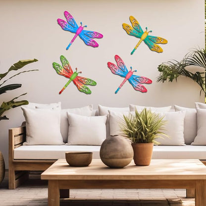 Outdoor Metal Dragonfly Wall Decor, 4 Pack 14inch Metal Dragonfly Wall Hanging Sculpture Decor for Yard Patio Fence Garden Outside Exterior Decorations
