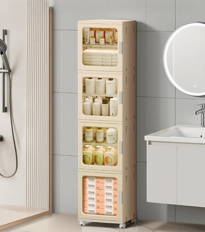 4-Tier Tall Narrow Bathroom Storage Cabinet for Small Space,Beige | Quick Assembly,Foldable,Plastic Organizers,Magnetic Doors,Adjustable Shelves,Slim Storage Cabinet,Wheels