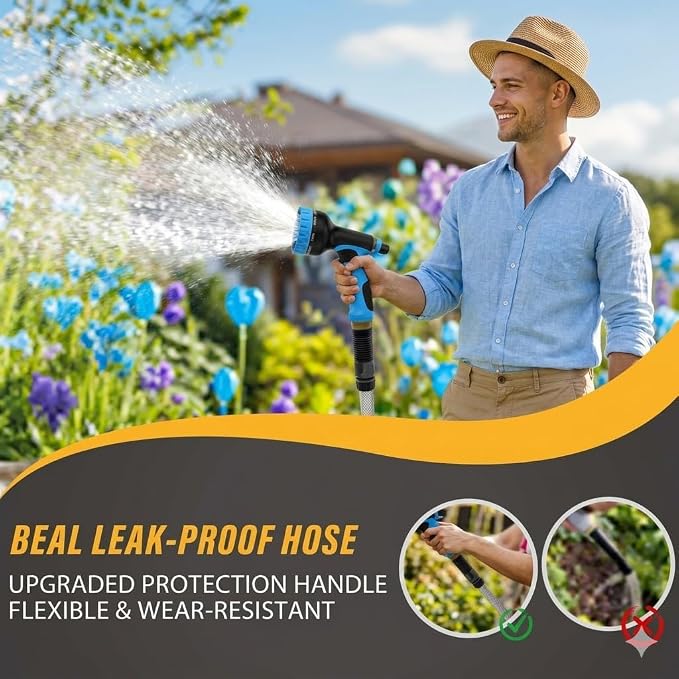 50ft Water Hose, Non Kinking Stainless Steel Hose, Kink Free Flexible 50 Foot Metal Hose for Outside Yard Backyard Lawn, Burst Proof with 10-Pattern Nozzle
