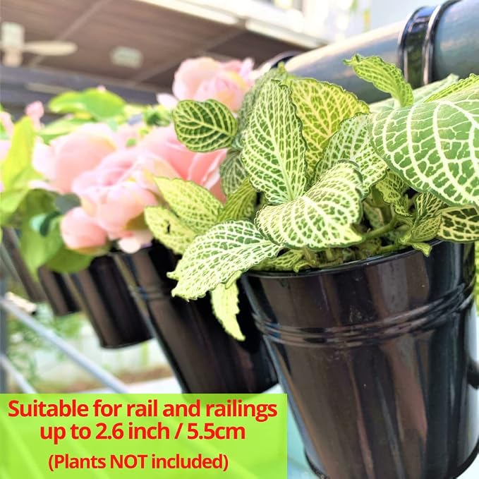 LaLaGreen Railing Planter 10 Pack, 6 Inch Hanging Flower Pot Black, Outdoor Large Metal Iron Fence Bucket, Balcony Garden Wall Deck Porch Patio Rail Decor Hanger Hook Farmhouse Balcony 6'''' (15cm) | Balcony railing planters for apartment, patio, porch...
