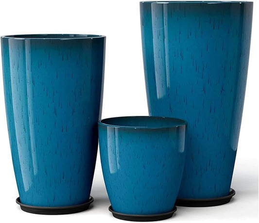 QCQHDU 24,21,11 inch Large Planters with Drainage Hole & Saucer, Set of 3 Plant Pots Tall Planter for Indoor & Outdoor Plants Home Modern Decor