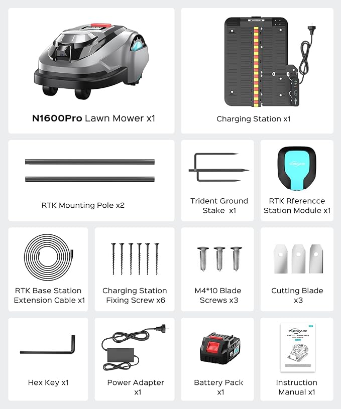 YARDCARE N1600 PRO Robot Lawn Mower, Wireless Design with RTK+Vision Navigation, 0.4 Acre Coverage, APP Smart Control Robot Lawn Mower, Multi-Zone Mowing, Curved Path, Adjustable Cutting Height