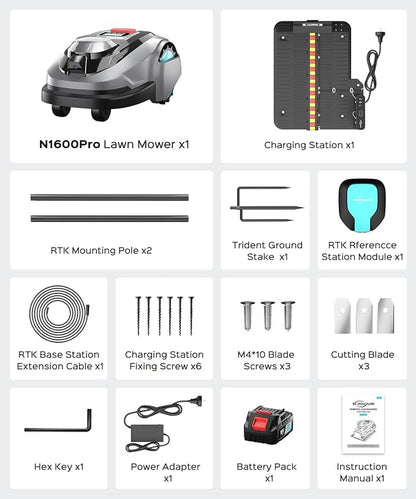 YARDCARE N1600 PRO Robot Lawn Mower, Wireless Design with RTK+Vision Navigation, 0.4 Acre Coverage, APP Smart Control Robot Lawn Mower, Multi-Zone Mowing, Curved Path, Adjustable Cutting Height