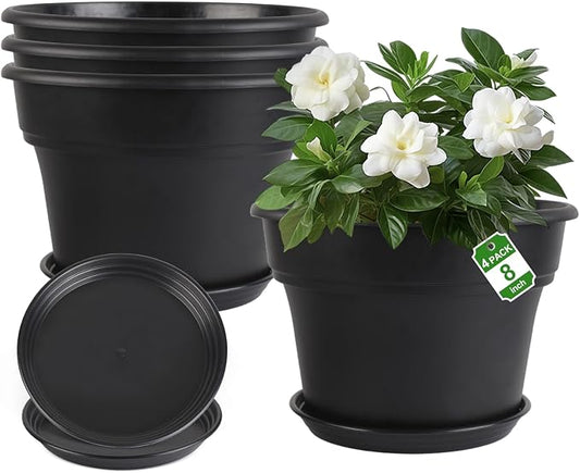 Myfeegoin 8-inch-Plant-Pots-Indoor-Outdoor, 4 Pack Plastic Planters with Drainage Holes & Saucers, Resin Flower Pots with Trays, Classic Garden Pot Container for House