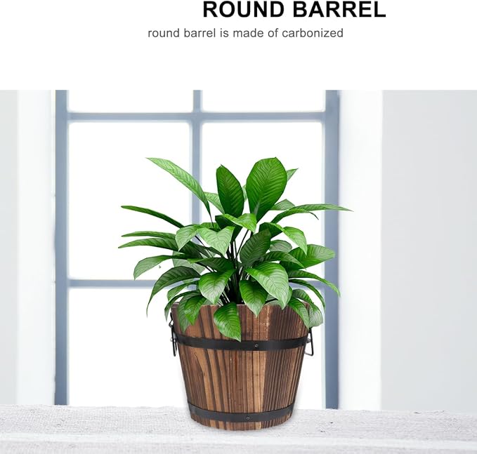 Wooden Barrel Flower Pot - Rustic Planter for Indoor & Outdoor Use with Drainage Holes - 7 Inch Brown Planter for Decorative Plants & Vegetables