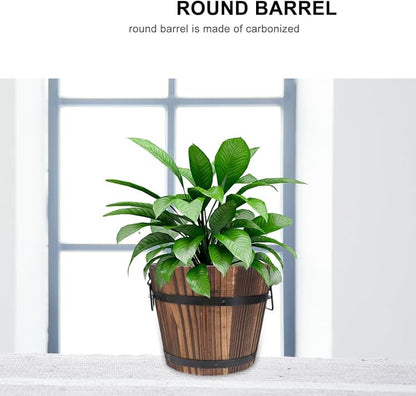 Wooden Barrel Flower Pot - Rustic Planter for Indoor & Outdoor Use with Drainage Holes - 7 Inch Brown Planter for Decorative Plants & Vegetables