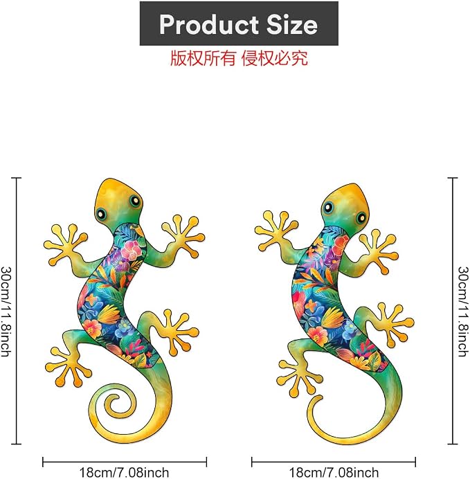 Metal Gecko Outdoor Decor -2 Pack 11.8 inch Metal Lizard Wall Hanging Sculpture Decoration for Indoor or Outdoor, Garden Yard Fence Porch Wall Decor
