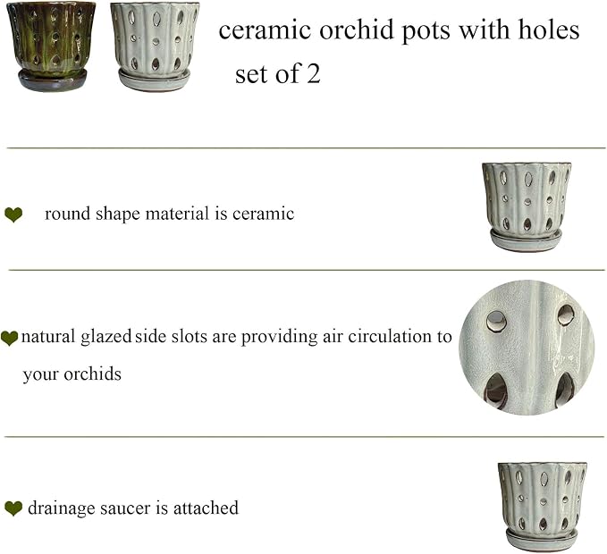 Orchid Pots 4.9 inch Ceramic Orchid Pots with Holes Set of 2 (mossgreen+White)