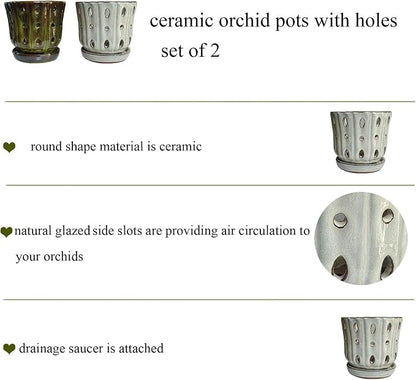 Orchid Pots 4.9 inch Ceramic Orchid Pots with Holes Set of 2 (mossgreen+White)