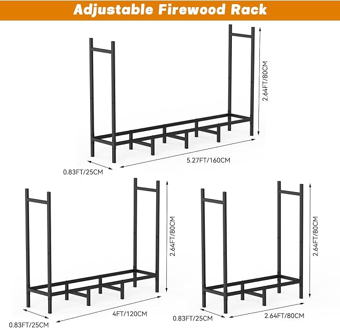 CADUKE Outdoor Firewood Rack 5.3ft, Heavy Duty Metal Wood Rack for Indoor Fireplace & Fire Pit, Adjustable Log Holder with 10 Support Legs, Wood Storage Organizer