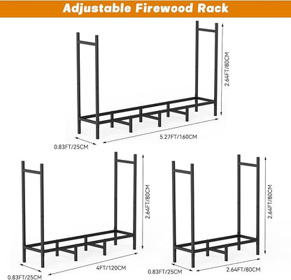 CADUKE Outdoor Firewood Rack 5.3ft, Heavy Duty Metal Wood Rack for Indoor Fireplace & Fire Pit, Adjustable Log Holder with 10 Support Legs, Wood Storage Organizer