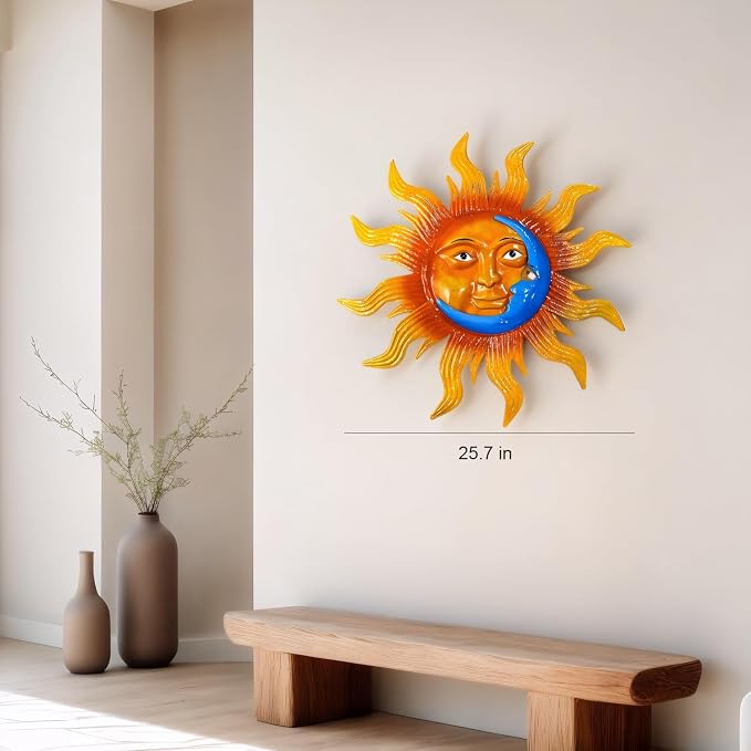 25.7'' Large Size Metal Sun Outdoor Wall Art Decor, Sun&Moon Outside Metal Art Rust Proof Wall Sculpture, Ideal for for Yard, Bedroom, Patio, Garden, Fence, Deck Pool Home and Farmhouse (Large sun)
