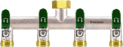 4 Way Garden Hose Splitter, Heavy Duty Brass Nickel Plated Rust Resistant Faucet Manifold, 3/4" Frost Resistant Outdoor Hose Adapter Connector，Hose Spigot Adapter with 4 large Green handles