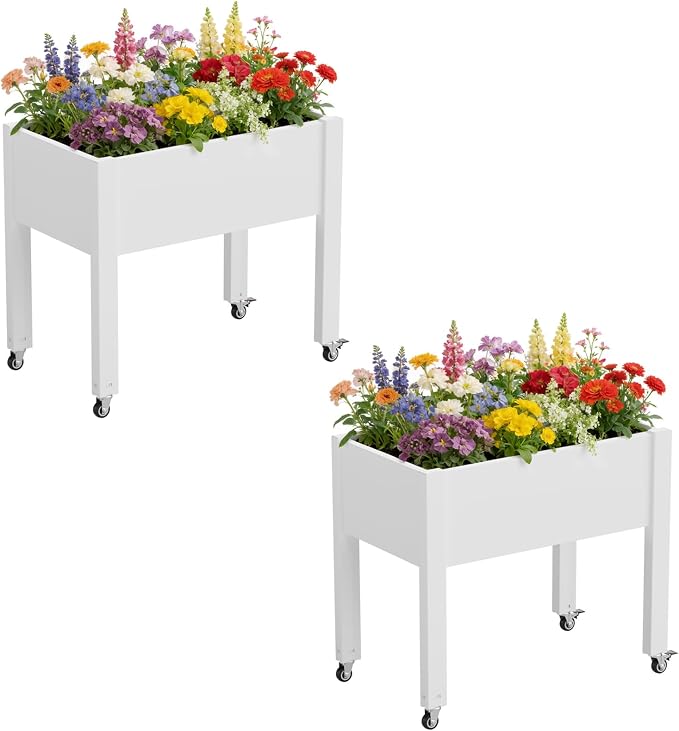 Fancyango Raised Garden Bed with Wheels 26.3" Hx2 -Ashen | Resin Elevated Garden Planter Box with Drainage, Outdoor Planter Box for Veggies Herbs Patio Balcony Backyard