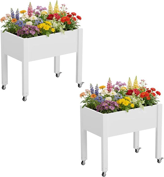 Fancyango Raised Garden Bed with Wheels 26.3" Hx2 -Ashen | Resin Elevated Garden Planter Box with Drainage, Outdoor Planter Box for Veggies Herbs Patio Balcony Backyard