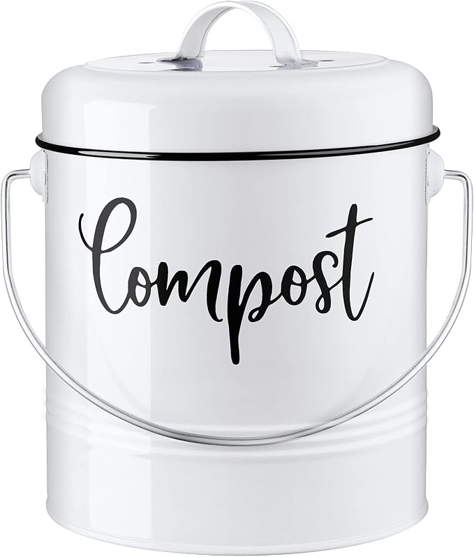 DAYYET Compost Bin Kitchen, 1.3 Gallon Farmhouse Kitchen Compost Bin Countertop, Indoor Countertop Compost Bucket with Lid and Charcoal Filters, White