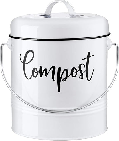 DAYYET Compost Bin Kitchen, 1.3 Gallon Farmhouse Kitchen Compost Bin Countertop, Indoor Countertop Compost Bucket with Lid and Charcoal Filters, White