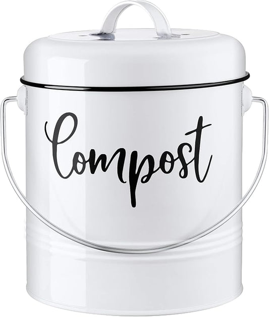 DAYYET Compost Bin Kitchen, 1.3 Gallon Farmhouse Kitchen Compost Bin Countertop, Indoor Countertop Compost Bucket with Lid and Charcoal Filters, White