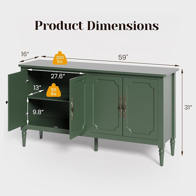 RoyalCraft 118" Buffet Cabinet with Storage, Vintage Sideboard with Adjustable Shelves, Mid Century Modern Painted Credenza Coffee Bar for Kitchen, Dining Room, Entryway, Living Room, Forest Green