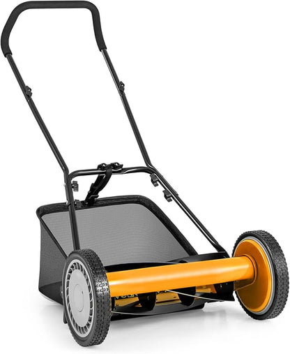 IRONMAX Lawn Mower, 16 Inch Push Reel Lawn Mower with 5 Steel Blades, Adjustable Cutting Heights, Grass Catcher Bag, Walk-Behind Manual Lawnmower for Garden Park Yard, No Motor (Orange, 16 Inch)