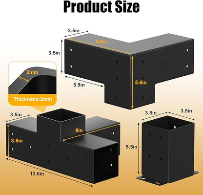 Pergola Bracket kit for 4"x 4" (Inner 3.5" X 3.5") Lumber (12 pc) | Heavy Duty 13-Gauge Steel,DIY Pergola Hardware Kit with 3-Way & 4-Way Corner Bracket for Gazebo,Gardens,Pergolas,Courtyards