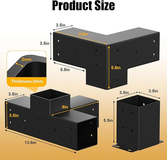 Pergola Bracket kit for 4"x 4" (Inner 3.5" X 3.5") Lumber (12 pc) | Heavy Duty 13-Gauge Steel,DIY Pergola Hardware Kit with 3-Way & 4-Way Corner Bracket for Gazebo,Gardens,Pergolas,Courtyards