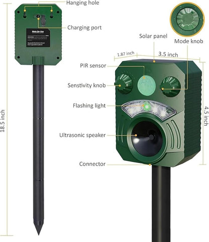 2 Pack Cat Repellent Outdoor Deer Repellent Device Dog Repeller Solar Animal Repellent Ultrasonic Squirrel Repeller Waterproof Racoon Fox with Motion Activated Sensor Flashing Light (Green)