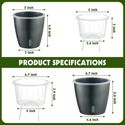 Self Watering Pots for Indoor Plants, 6-Pack 6.7'' Self Watering Planter with Drainage Holes, Small African Violet Pots with Water Indicator, Clear Wick Orchid Pot, Grey