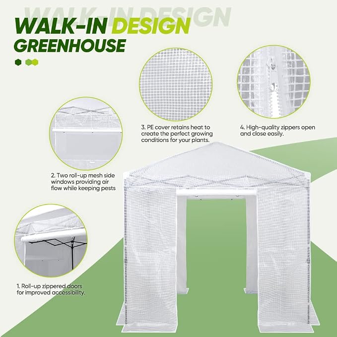 EAGLE PEAK 8x8 Portable Walk in Greenhouse, Pop Up Indoor Outdoor Greenhouse, Green House Kit with Zippered Roll-Up Doors and Windows, PE Cover, Clear/White
