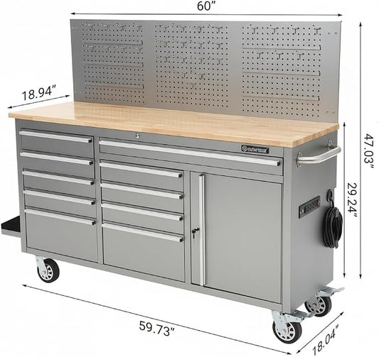 PeakPursuit 61" Rolling Tool Chest with 10 Drawers, Workbench Cabinet with Power Strip, Solid Rubber Wood Top, Pegboard, 1675 LBS Load, Mobile Heavy Duty Garage Storage, Locking Wheels, Silver