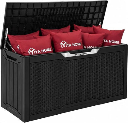 YITAHOME 80 Gallon Outdoor Storage Box | Large Water Resistant Resin Deck Box w/Silver Decorative PVC Trim Panel, Lockable Rattan Storage Container for Patio, Garden