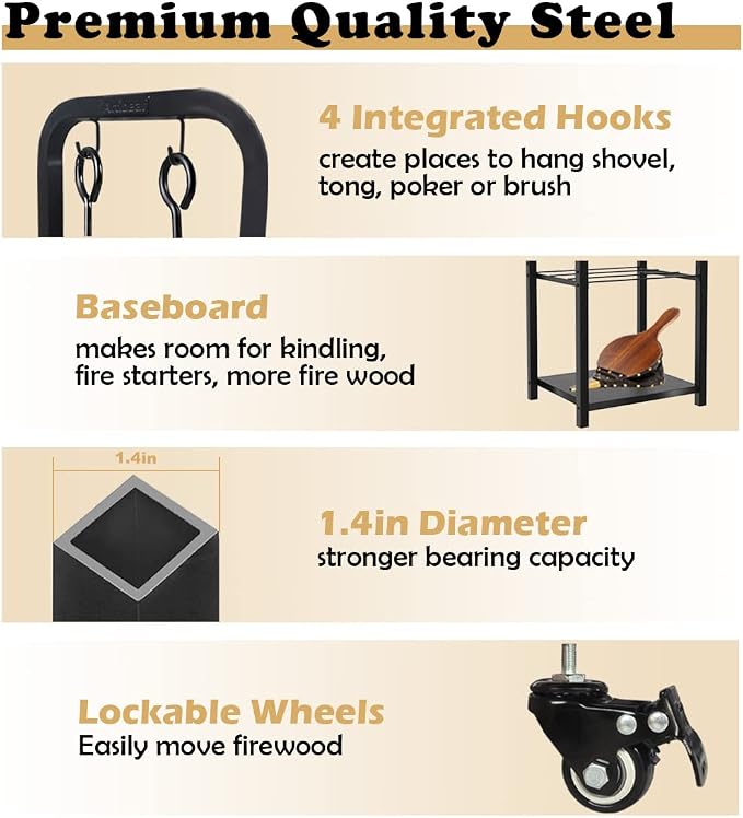 2-Tier Fireplace Firewood Rack Holder for Indoor Outdoor, Small Fire Wood Holder Log Storage Stacker Stand for Patio, Black(With Wheels)