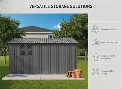KEIKI 12x10 Ft Metal Outdoor Storage Shed Garden with Window, Foldable Worktable & Shelves, Lockable Door, Waterproof Apex Roof Heavy Duty Tool House for Backyard Garden Lawn, Grey