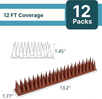 Bird & Animal Deterrent Spikes, 12 Packs Outdoor Plastic Spike Strips for Roof, Ledges, Fence, Walls & Railing, Humane Squirrel, Raccoon & Pigeon Barrier, 12 FT Coverage, Brown