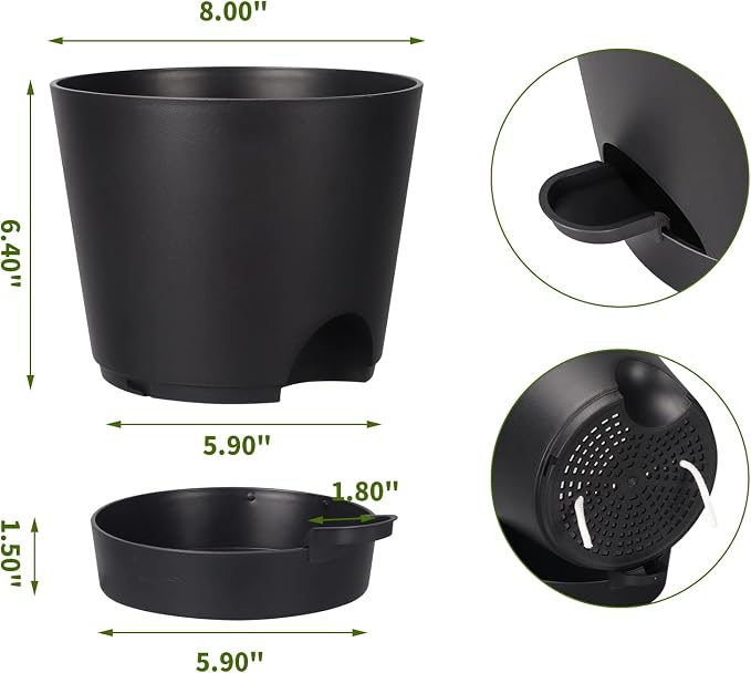 8 Inch Self Watering pots for Indoor, 6 Pack Plastic Plant Pots with Drainage Holes, Black
