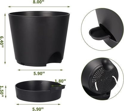 8 Inch Self Watering pots for Indoor, 6 Pack Plastic Plant Pots with Drainage Holes, Black