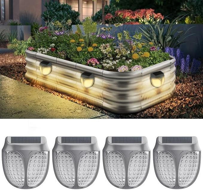 Raised Garden Bed Solar Lights Magnetic, IPX4 Waterproof Solar Lights Outdoor Dusk to Dawn, Solar Powered Garden Lights for Planter Raised Beds, 4 Pack