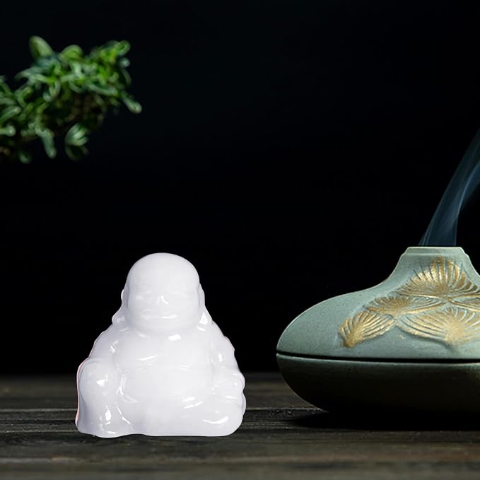 White Jade Crystal Laughing Buddha Statue Meditation Decor Spiritual Art Piece Healing Stone Figurine Zen Altar Sculpture Feng Shui Gift Yoga Space Ornament Peaceful Home Temple Collectible