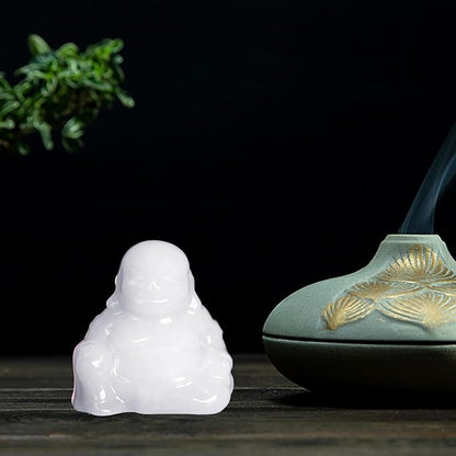 White Jade Crystal Laughing Buddha Statue Meditation Decor Spiritual Art Piece Healing Stone Figurine Zen Altar Sculpture Feng Shui Gift Yoga Space Ornament Peaceful Home Temple Collectible