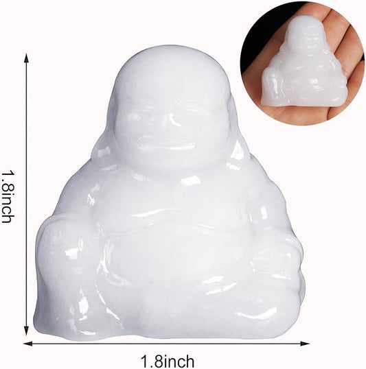 White Jade Crystal Laughing Buddha Statue Meditation Decor Spiritual Art Piece Healing Stone Figurine Zen Altar Sculpture Feng Shui Gift Yoga Space Ornament Peaceful Home Temple Collectible