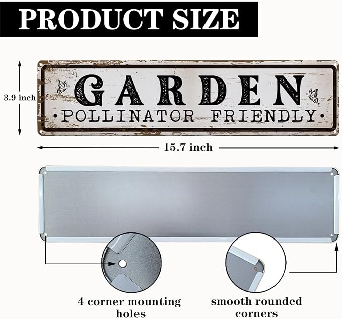 Garden Metal Tin Sign, Vintage Farmhouse Decor, Garden Pollinator Friendly, Gardening Wall Decor for Yard Fence Door Porch, Bee Butterfly Indoor Outdoor Gardens Decoration, 15.7 x 3.9 Inches