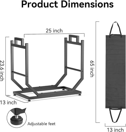 Firewood Rack, Indoor/Outdoor Firewood Holder with Firewood Carrier Bag, 25 Inch Thickened Metal Fireplace Log Holder with Adjustable Feet, Black