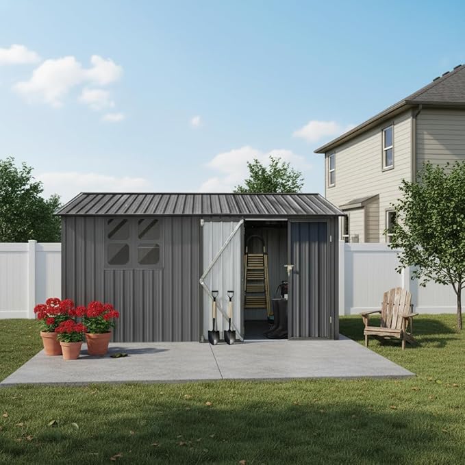 KEIKI 12x10 Ft Metal Outdoor Storage Shed Garden with Window, Foldable Worktable & Shelves, Lockable Door, Waterproof Apex Roof Heavy Duty Tool House for Backyard Garden Lawn, Grey