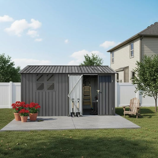 KEIKI 12x10 Ft Metal Outdoor Storage Shed Garden with Window, Foldable Worktable & Shelves, Lockable Door, Waterproof Apex Roof Heavy Duty Tool House for Backyard Garden Lawn, Grey
