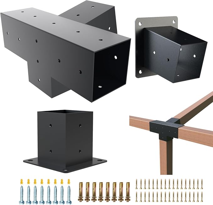 Pergola Kit, 15° 4-Way Slanted Roof Pergola Bracket Set, PowderCoated Roof Wall Mount Pergola Brackets 4" x 4" (Actual: 3.5x3.5 Inch), Pergola Hardware for Porch Gazebo Backyard (3 pcs), Black