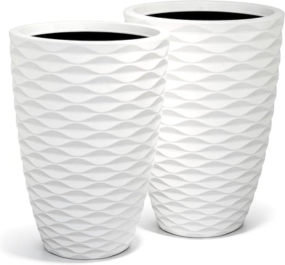 2-Pack 19" White Resin Tall Outdoor Planters with Wave Texture | High-density resin planters with Nordic wave texture, drainage holes, and weather-resistant finish for porch or patio