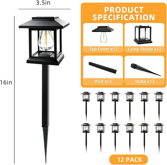 12-Pack Solar Pathway Lights - High-Efficiency Polycrystalline Panels for All-Night Glow - IP55 Waterproof Outdoor Landscape Lighting for Garden, Walkway & Driveway Security (Black)