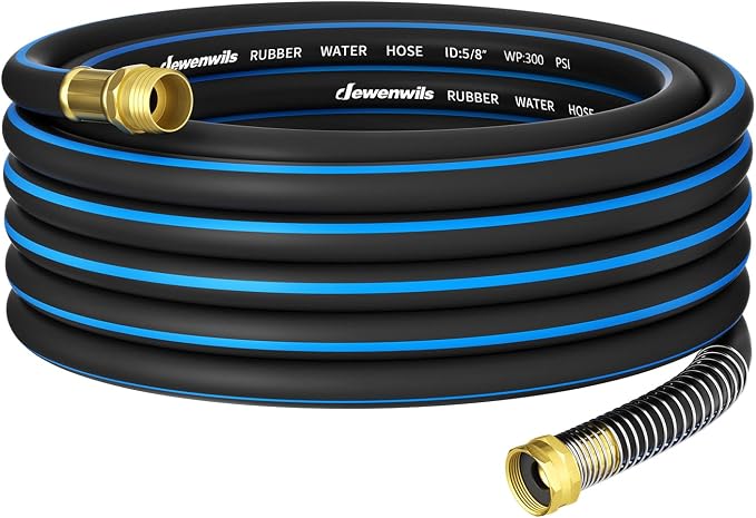 DEWENWILS 5/8" x 25FT Heavy Duty Garden Hose, 300psi Working & 1000psi Burst, Solid Brass 3/4" GHT Fittings, Hot/Cold Water, 5 Layer Construction, Rubber Water Hose for Yard, Garden, Lawn